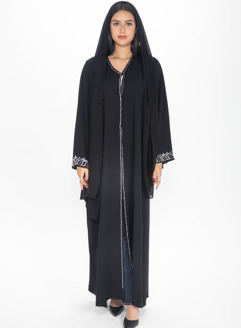 Aara Black Abaya with Beadwork along the front and hand cuffs - Image 1