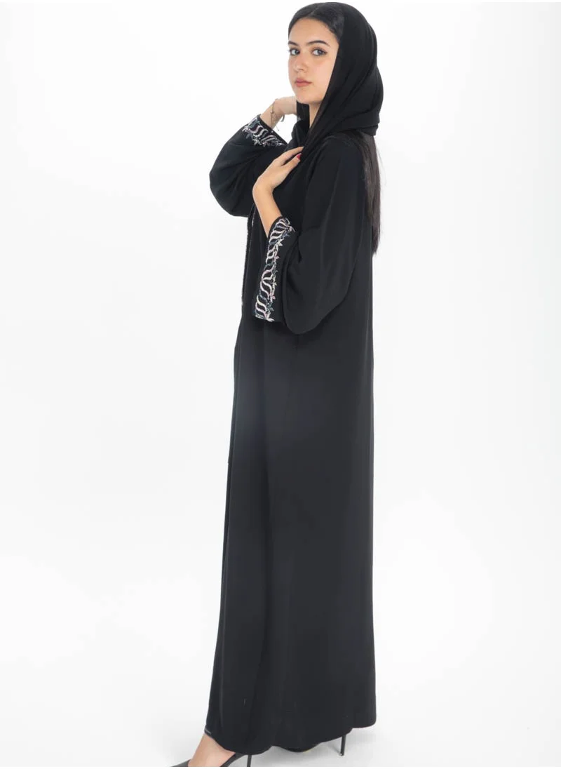 Aara Black Abaya with Beadwork along the front and hand cuffs