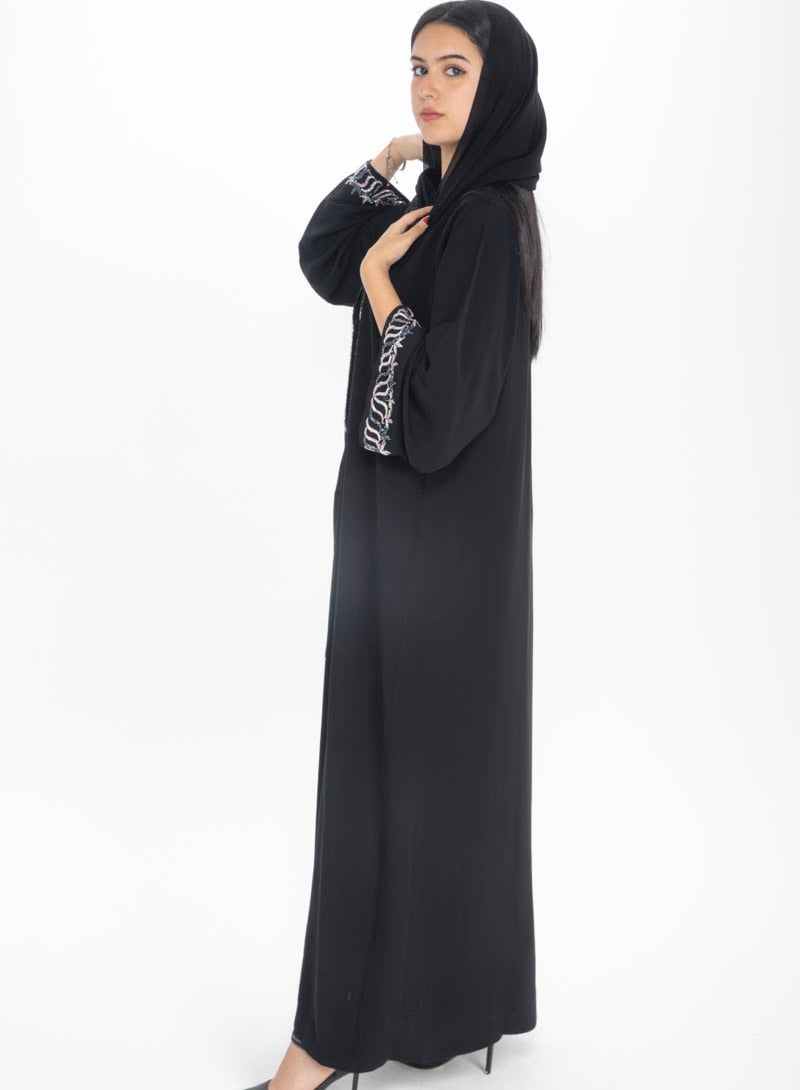 Aara Black Abaya with Beadwork along the front and hand cuffs - Image 2