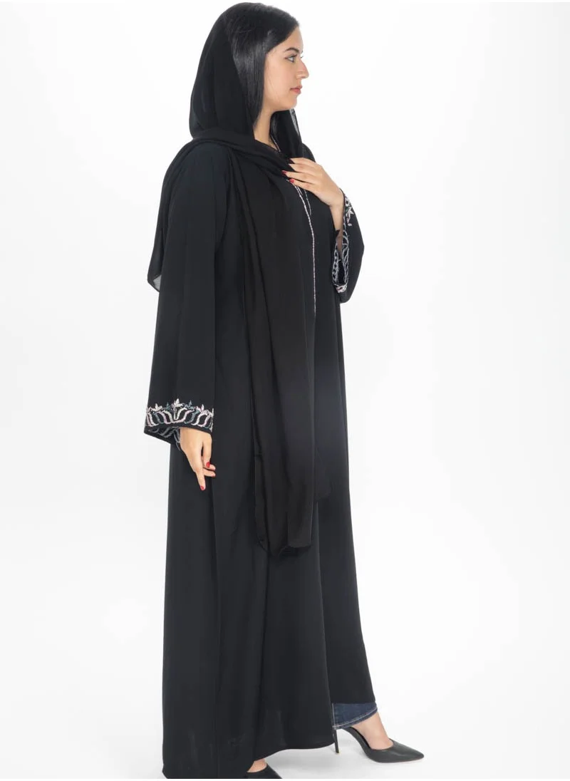 Aara Black Abaya with Beadwork along the front and hand cuffs
