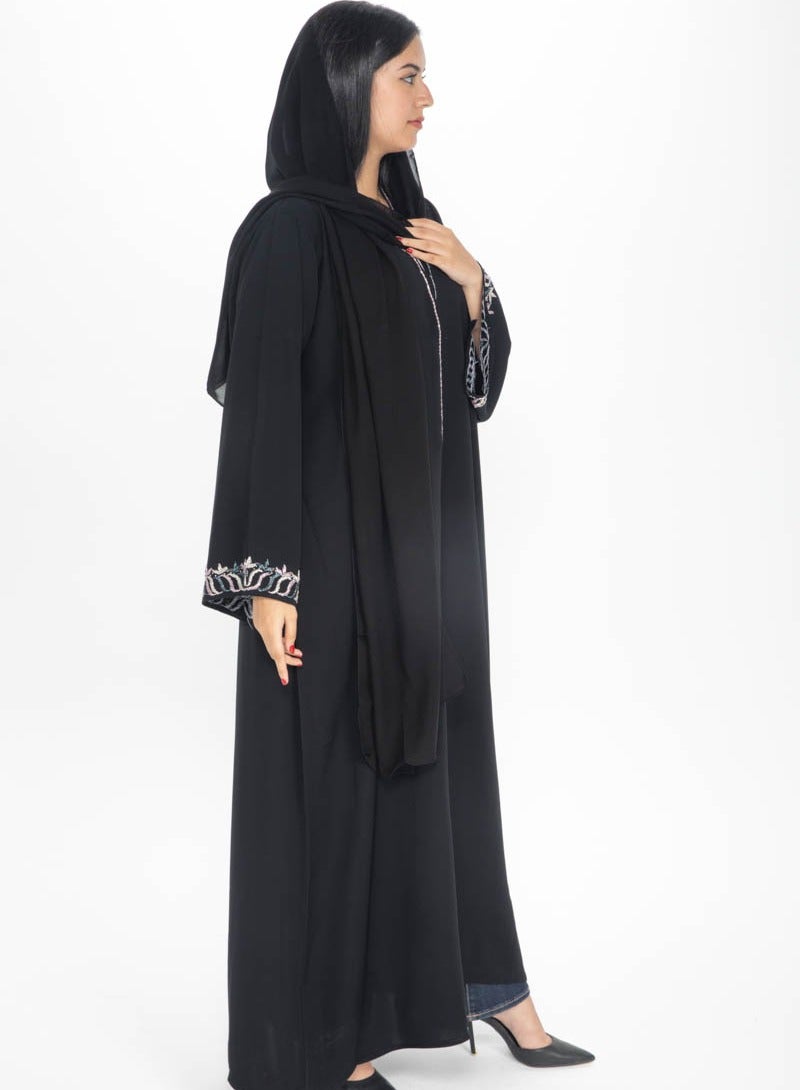 Aara Black Abaya with Beadwork along the front and hand cuffs - Image 3
