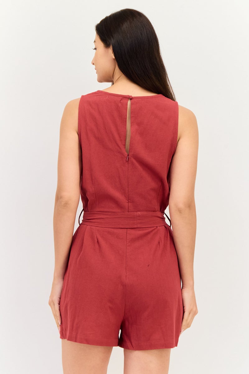 BRAVE SOUL Women Plain Sleeveless Belted Playsuit, Dark Red - Image 2