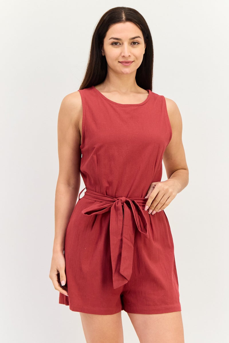 BRAVE SOUL Women Plain Sleeveless Belted Playsuit, Dark Red - Image 1
