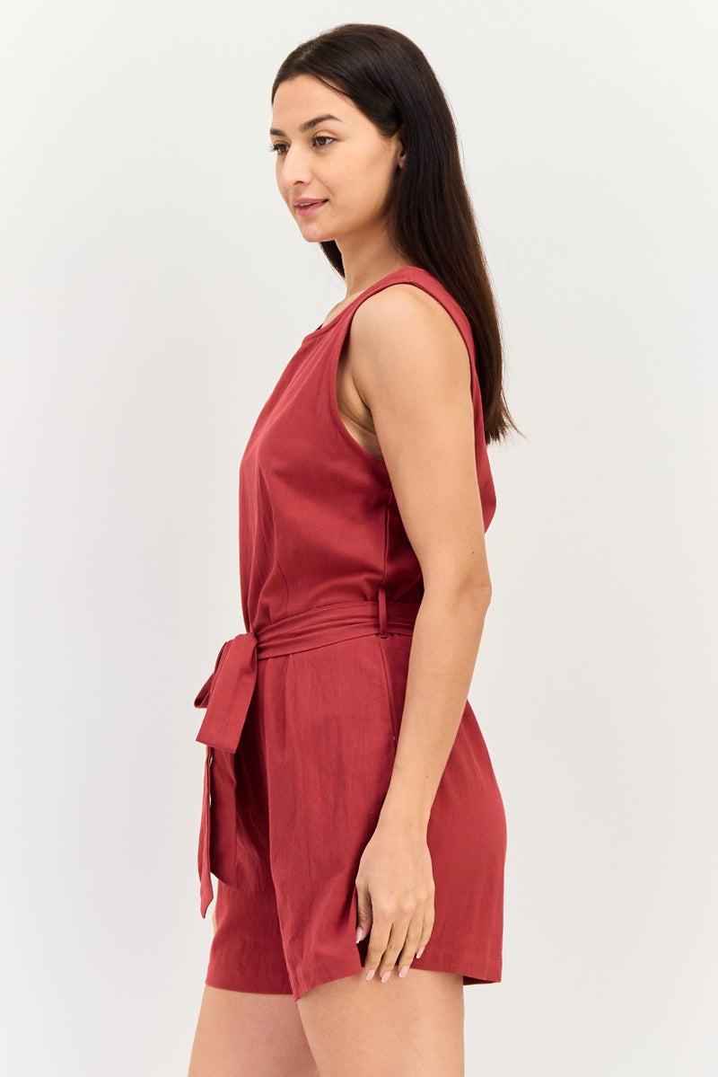 BRAVE SOUL Women Plain Sleeveless Belted Playsuit, Dark Red - Image 3