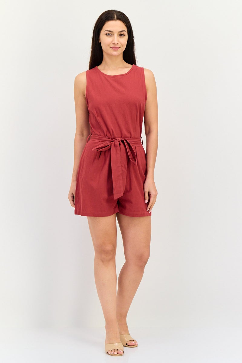 BRAVE SOUL Women Plain Sleeveless Belted Playsuit, Dark Red - Image 4
