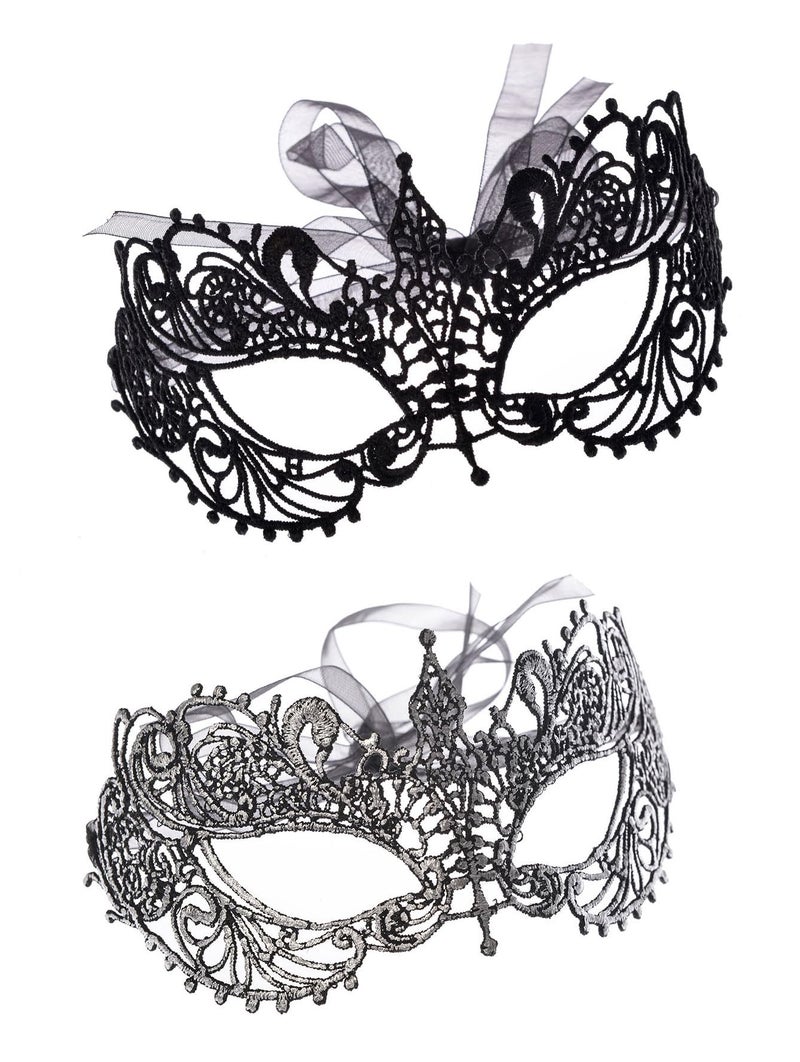 Liatunou 2 Pieces Women's Masquerade Mask Lace Eye Mask for Ball Proms,Halloween Carnival and Venetian Masquerade Party (Black & Silver) - Image 1