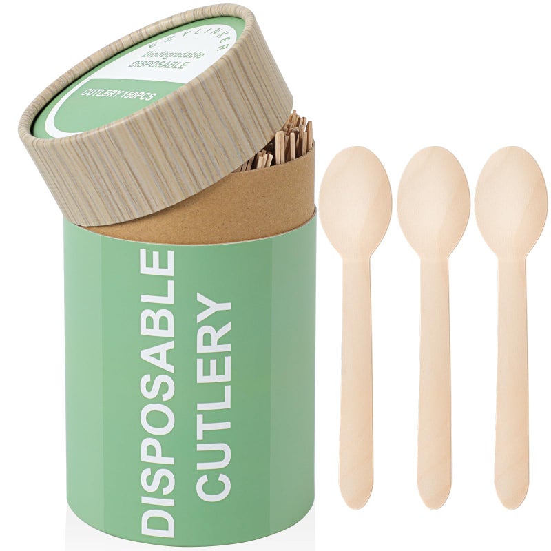 EZYLINKER (100 Count) Disposable Wooden Spoons Set - Alternative to Plastic  Eco Friendly  Biodegradable  Compostable Cutlery Set - 100 Wood Spoons Disposable Set - Image 1