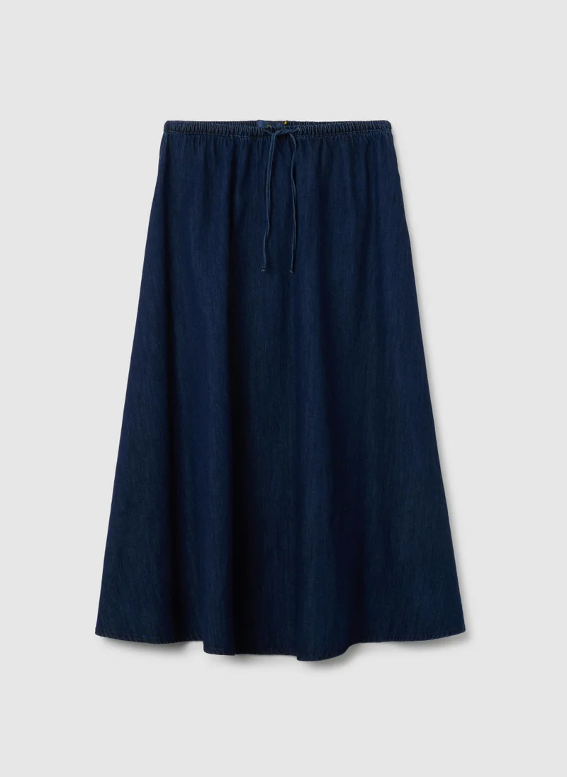 او في اس WOMEN'S LONG SKIRT IN PURE BLUE COTTON REGULAR FIT