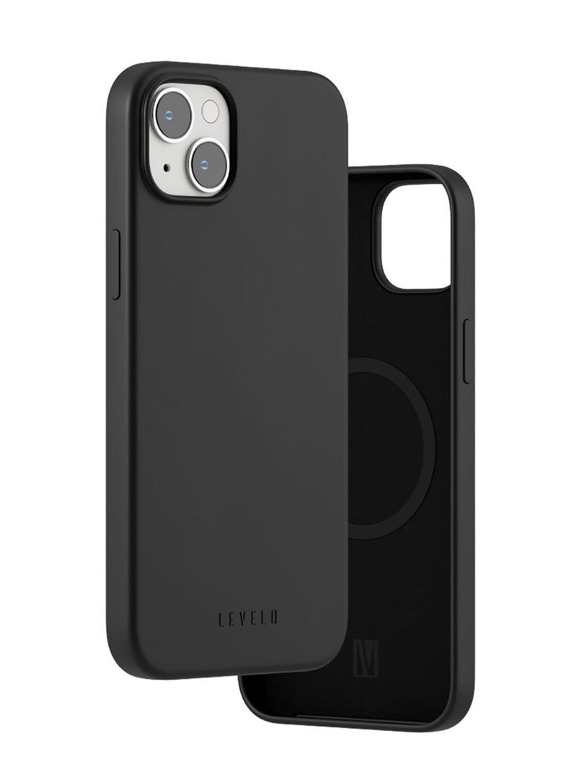 LEVELO iPhone 14 Case Iris MagSafe Liquid Silicone Back Cover / Microfiber Cushion / Shock-Proof Edges / Camera Lens Protection / MagSafe Compatible - Black - Image 1