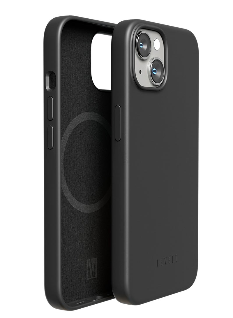 LEVELO iPhone 14 Case Iris MagSafe Liquid Silicone Back Cover / Microfiber Cushion / Shock-Proof Edges / Camera Lens Protection / MagSafe Compatible - Black - Image 2