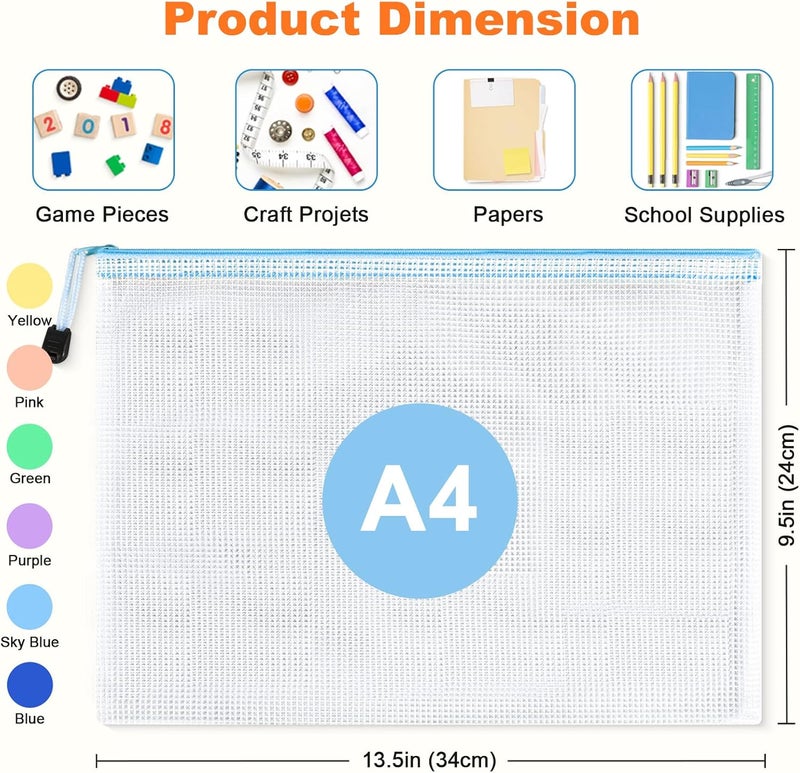 ASTEN Mesh Zipper Pouch Bags: Clear Zipper Pouches for Classroom, Plastic Mesh Bag Letter Size Document Pouch, A4 Waterproof Organizing Pouch for School and Office Supplies (13.5 x 9.5Inch, 12PCS, 6 Color) - Image 2
