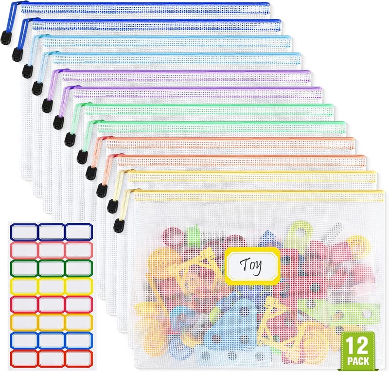 ASTEN Mesh Zipper Pouch Bags: Clear Zipper Pouches for Classroom, Plastic Mesh Bag Letter Size Document Pouch, A4 Waterproof Organizing Pouch for School and Office Supplies (13.5 x 9.5Inch, 12PCS, 6 Color) - Image 1