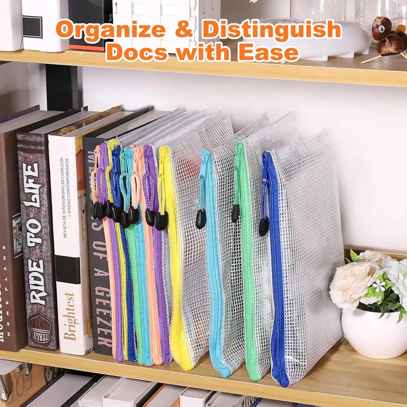 ASTEN Mesh Zipper Pouch Bags: Clear Zipper Pouches for Classroom, Plastic Mesh Bag Letter Size Document Pouch, A4 Waterproof Organizing Pouch for School and Office Supplies (13.5 x 9.5Inch, 12PCS, 6 Color) - Image 4