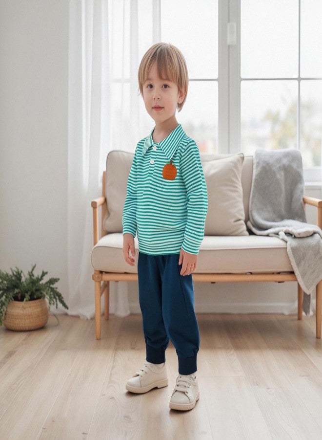 GOOCHEER Toddler Baby Boy Halloween Outfit Pumpkin Embroidery Waffle Striped Long Sleeve Polo Shirt Button Up Pullover Top (Green, 6-12 Months) - Image 5