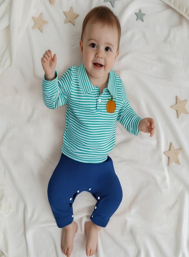 GOOCHEER Toddler Baby Boy Halloween Outfit Pumpkin Embroidery Waffle Striped Long Sleeve Polo Shirt Button Up Pullover Top (Green, 6-12 Months) - Image 2