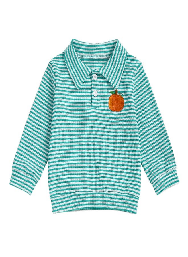 GOOCHEER Toddler Baby Boy Halloween Outfit Pumpkin Embroidery Waffle Striped Long Sleeve Polo Shirt Button Up Pullover Top (Green, 6-12 Months) - Image 1