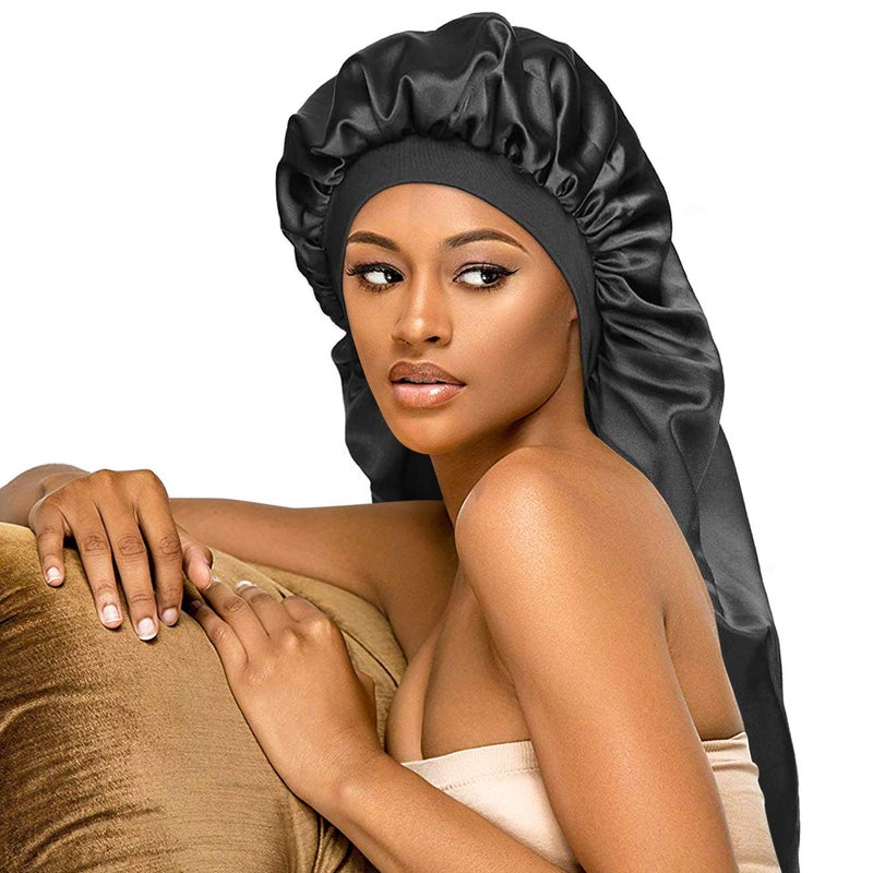 Tailpa Long Satin Bonnet Sleep Cap,Black Extra Large Silk Bonnet for Natural Hair, Bonnets for Women Night Sleep,Wide Elastic Band, Very Soft & Comfortable (Black) - Image 2
