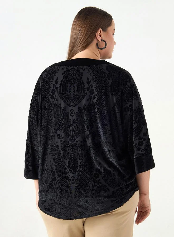 Ulla Popken Plus Size Ulla Popken All-Over Floral Print Textured Top with 3/4 Sleeves