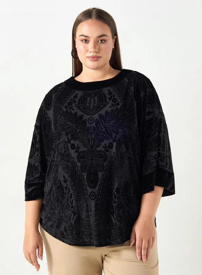 Ulla Popken Plus Size Ulla Popken All-Over Floral Print Textured Top with 3/4 Sleeves