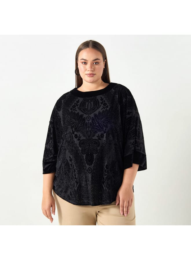 Ulla Popken Plus Size Ulla Popken All-Over Floral Print Textured Top with 3/4 Sleeves - Image 1