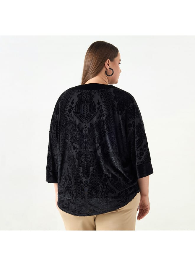 Ulla Popken Plus Size Ulla Popken All-Over Floral Print Textured Top with 3/4 Sleeves - Image 2