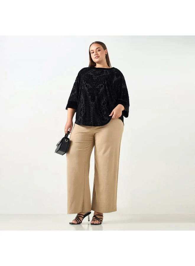 Ulla Popken Plus Size Ulla Popken All-Over Floral Print Textured Top with 3/4 Sleeves