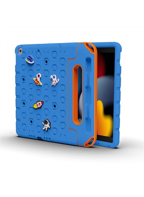 Moxedo Rugged Protective EVA Silicone Kids Case Cover, Shockproof DIY 3D Cartoon Pattern with Pencil Holder, Stand and Handle Grip Compatible for Apple iPad 2021 (9th Gen) 10.2 inch (Sky Blue)