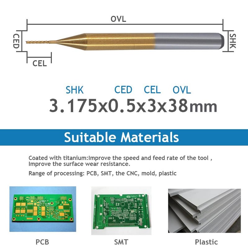 HOZLY 10Pcs 1/8'' Shank, 0.4mm Cutting Diameter,CNC End Mill, Titanium Coat Carbide End Mill Engraving Bits CNC Rotary Burrs Tool for PCB Mould Plastic Fiber Carbon Fiber Hardwood - Image 2