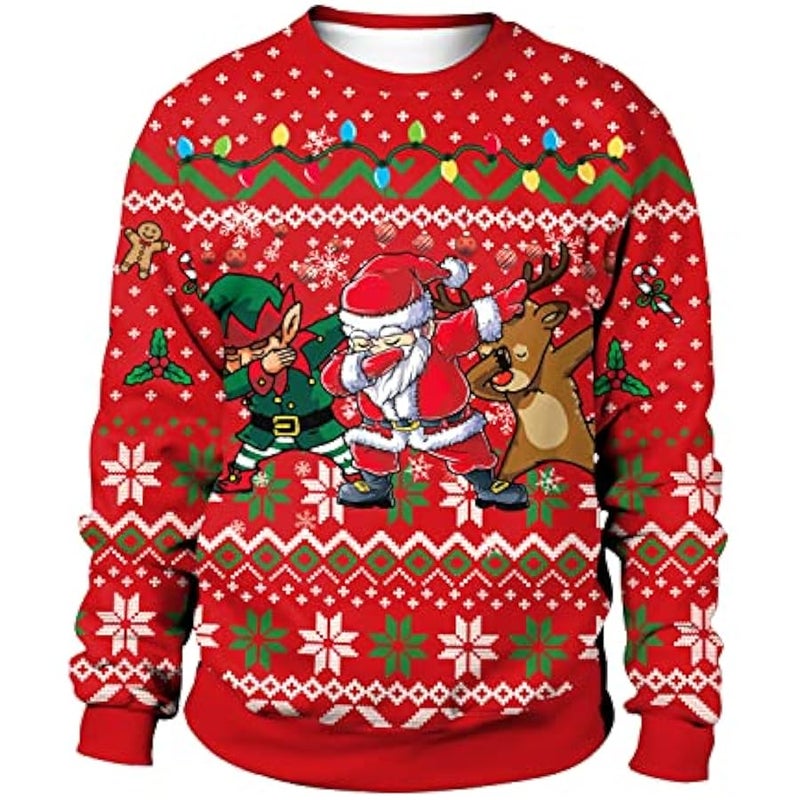 Loquat Festive Holiday Unisex  Sweater, Knit Crewneck Long Sleeve Pullover, Red and Green Nordic Pattern, Dancing Santa and Reindeer Design, Casual Wear - Image 1