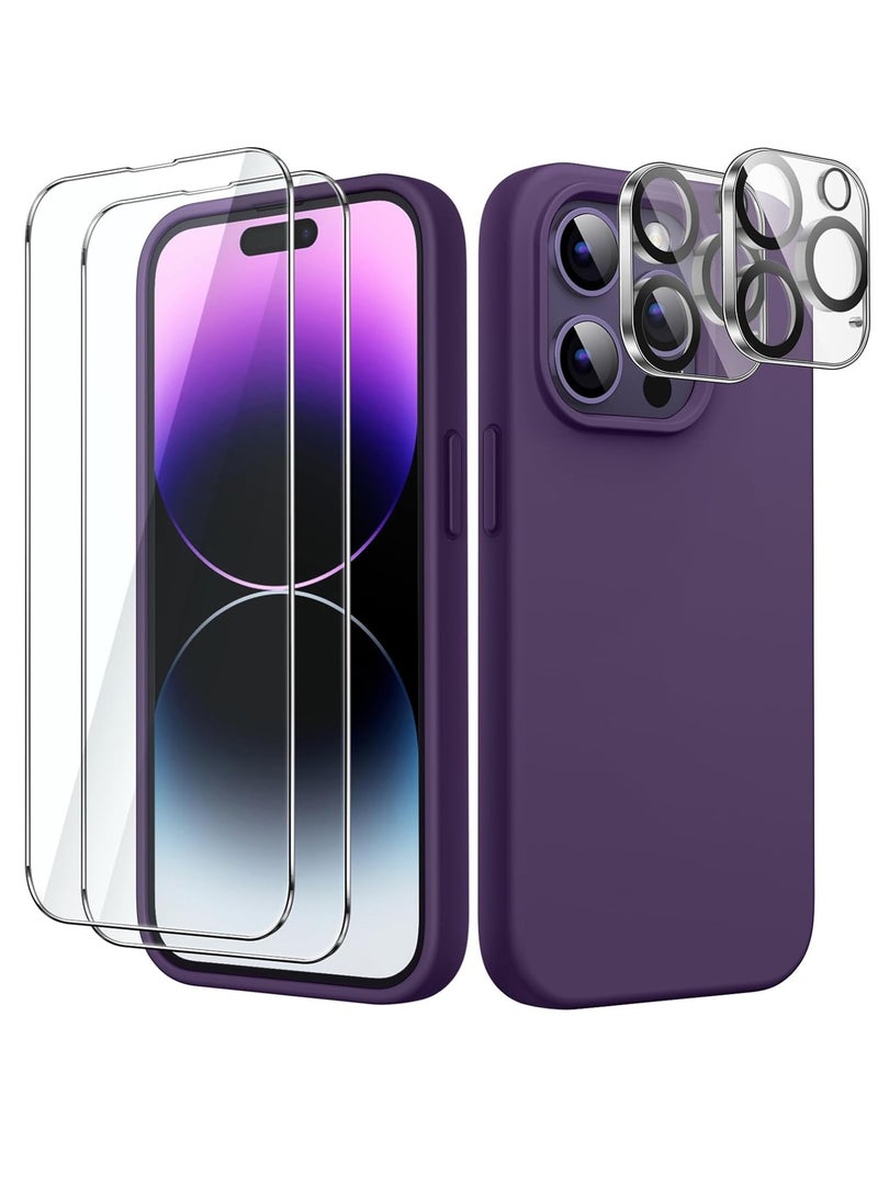 ELTRAZONE 5-IN-1 SILICONE CASE FOR IPHONE 14 PRO MAX 6.7-INCH WITH 2-PACK SCREEN PROTECTOR AND 2-PACK CAMERA LENS PROTECTOR, FULL COVERAGE TEMPERED GLASS FILM, SHOCKPROOF PHONE COVER (DEEP PURPLE) - Image 1