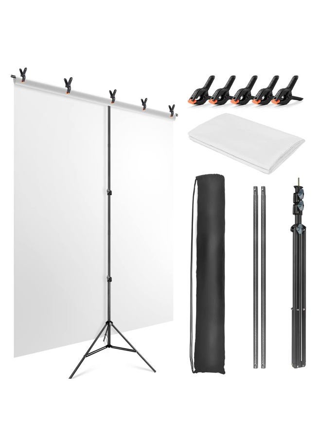 JEBUTU White Backdrop with Stand for Photoshoot, 5X6.5ft White Photo Backdrop with T Shape Background Backdrop Stand for Photography, Portable Photo Backdrop Curtain Stand Kit w Carrying Bag 5 Spring Clamps - Image 1