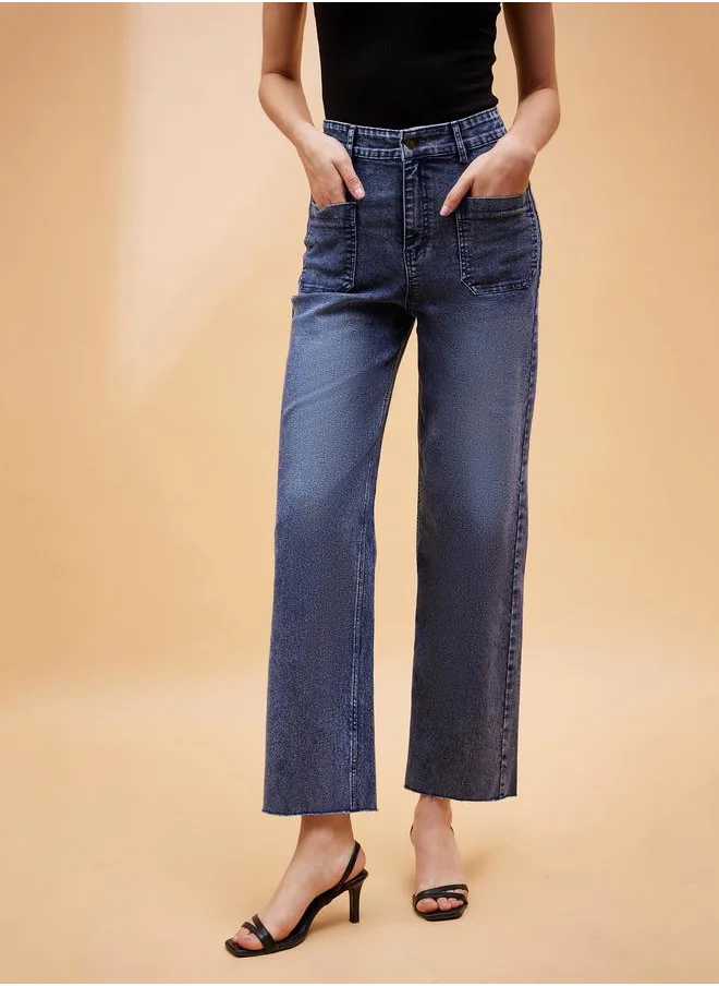 ساسافراس Mid Rise Raw Edge Straight Jeans with Patch Pocket