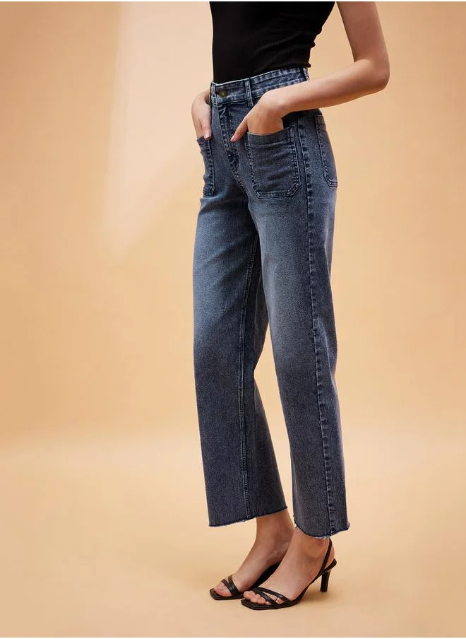 SASSAFRAS Mid Rise Raw Edge Straight Jeans with Patch Pocket by Styli