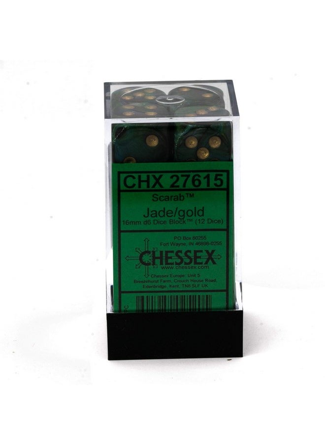 Chessex Dice Scarab 16mm d6 Jade/Gold Dice Block 12 pipped dice…  - Image 5