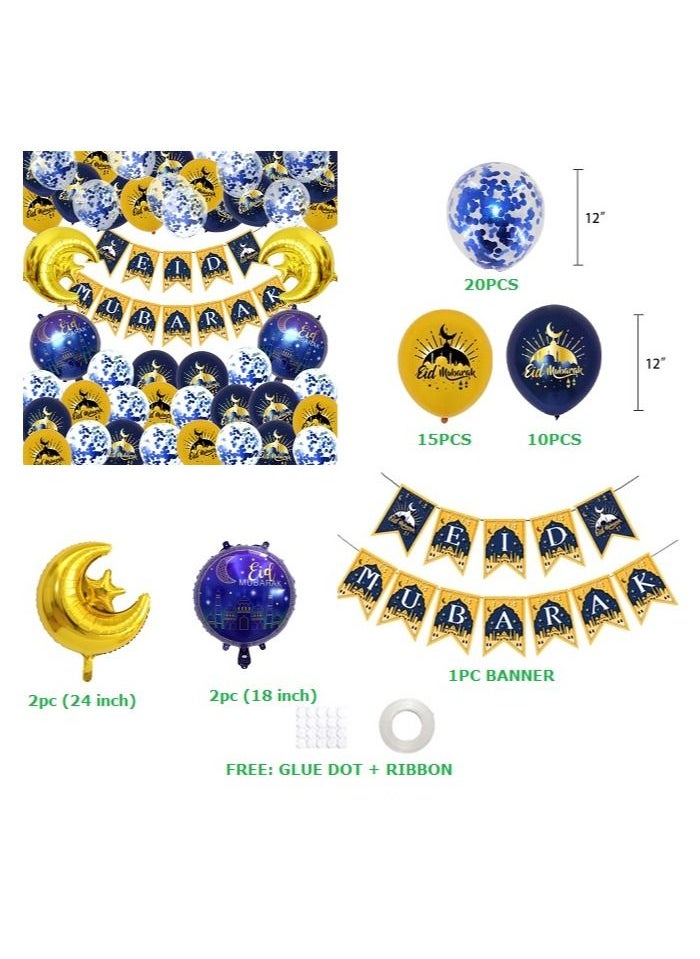 Party Propz Party Propz Eid Mubarak Decoration - Banner and Balloons - Gold and Blue (set of 50)  - Image 2