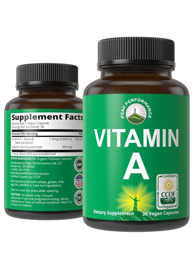 Peak Performance Certified Organic Vitamin A 5000 IU Supplement Capsules High Potency Vitamins. For Adults, Men, Women, Kids. Made with Organic Carrot Juice. Great for Immune, Skin, Eye Support. Non GMO, Vegan Pills  - Image 1