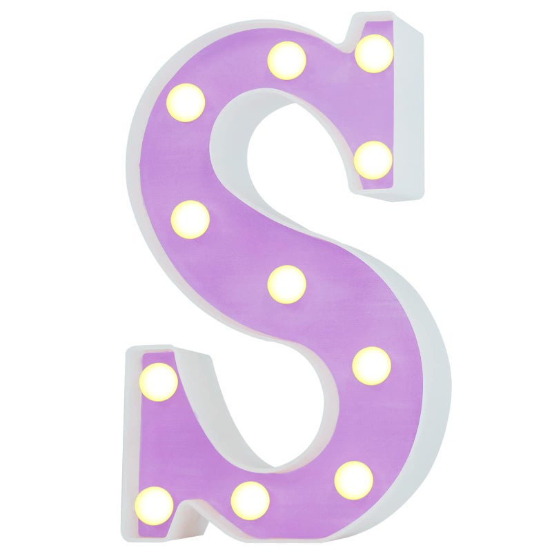 Pooqla أضواء حروف LED بلون أرجواني - لافتة أبجدية مضيئة ملونة - ضوء ماركيه ليلي مع LED دافئ أبيض - ديكور حفلات المنزل، عيد ميلاد، زفاف، بار - حرف أرجواني S