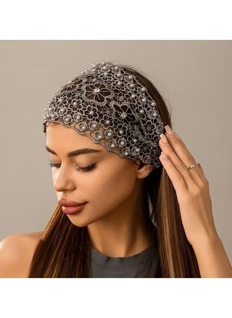 Goolsky 1pc Elegant Hollow Lace Flower Pattern Headband, With Faux Pearl Charms Stretch Headband, Wide Brim Rhinestone Hair Accessories, Women Daily Party Holiday Decors Gift  - Image 1