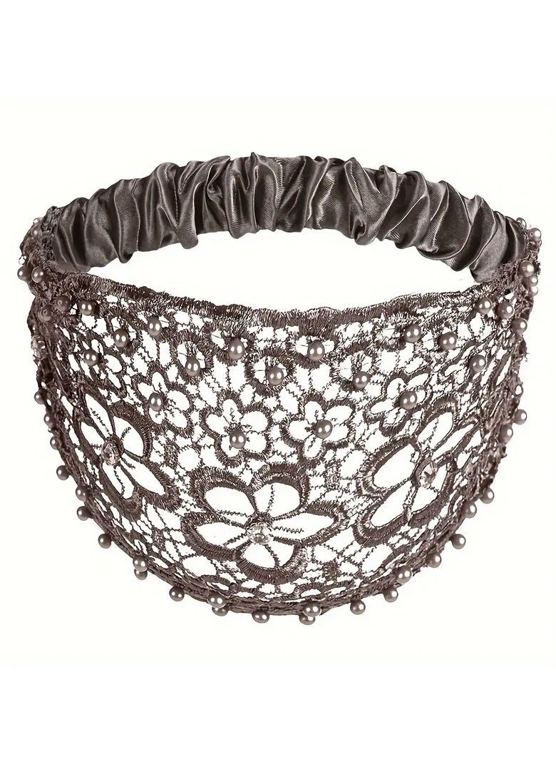 Goolsky 1pc Elegant Hollow Lace Flower Pattern Headband, With Faux Pearl Charms Stretch Headband, Wide Brim Rhinestone Hair Accessories, Women Daily Party Holiday Decors Gift  - Image 2