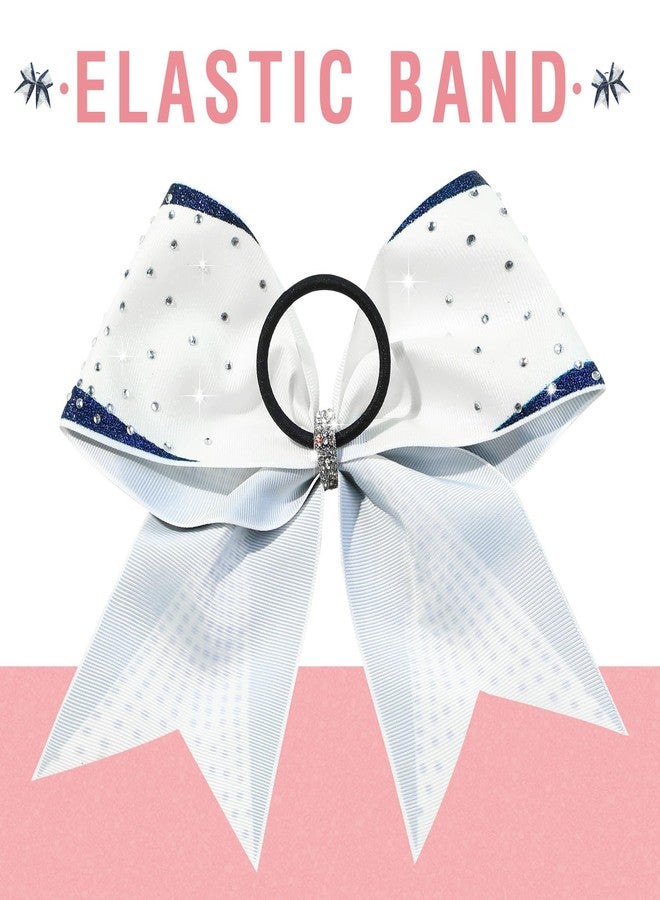 DEEKA 6PCS 8" Large Glitter Navy and White Cheer Bows with Full Shiny Rhinestones Stiff Cheer Hair Bows Elastic Band Ponytail Holder for Cheerleader Girls Sports-Navy/White - Image 2