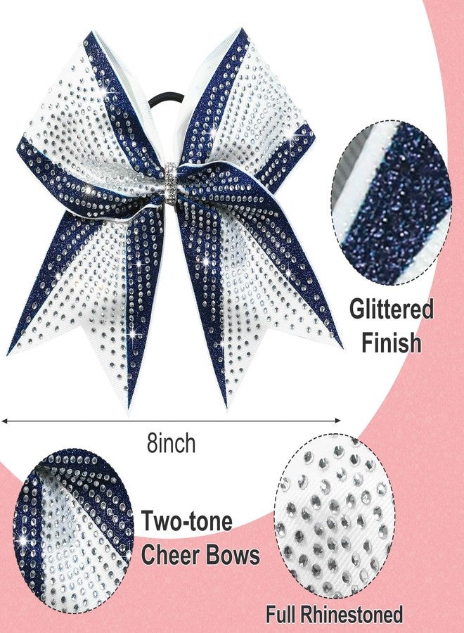 DEEKA 6PCS 8" Large Glitter Navy and White Cheer Bows with Full Shiny Rhinestones Stiff Cheer Hair Bows Elastic Band Ponytail Holder for Cheerleader Girls Sports-Navy/White - Image 3