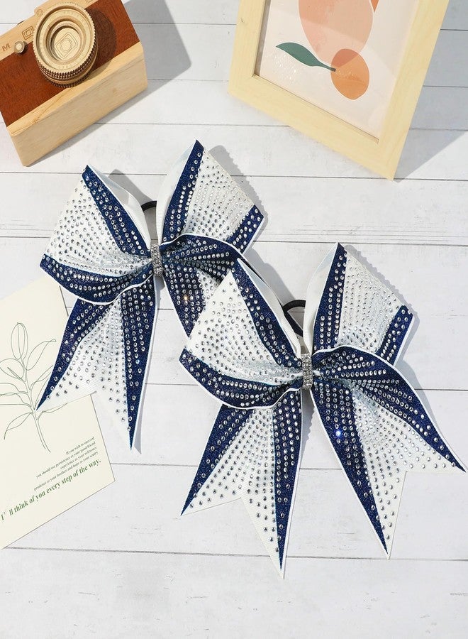 DEEKA 6PCS 8" Large Glitter Navy and White Cheer Bows with Full Shiny Rhinestones Stiff Cheer Hair Bows Elastic Band Ponytail Holder for Cheerleader Girls Sports-Navy/White - Image 4