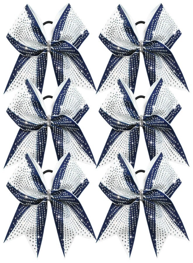 DEEKA 6PCS 8" Large Glitter Navy and White Cheer Bows with Full Shiny Rhinestones Stiff Cheer Hair Bows Elastic Band Ponytail Holder for Cheerleader Girls Sports-Navy/White - Image 1