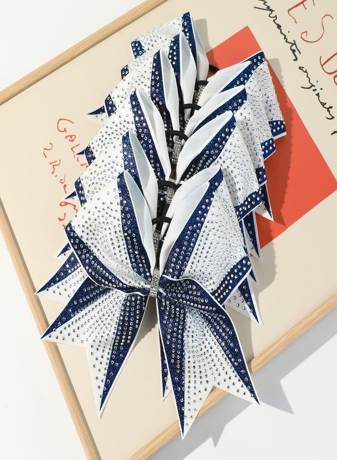 DEEKA 6PCS 8" Large Glitter Navy and White Cheer Bows with Full Shiny Rhinestones Stiff Cheer Hair Bows Elastic Band Ponytail Holder for Cheerleader Girls Sports-Navy/White - Image 5