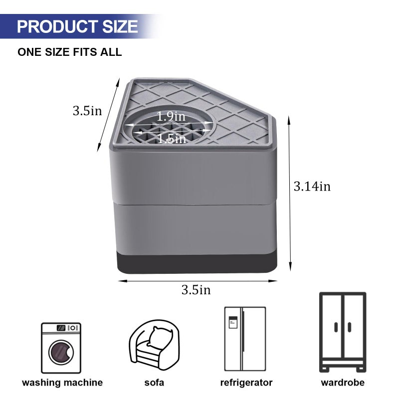 CUISIBOT 4Pcs Anti Vibration Pads for Washing Machine, Stops Washer Dryer Moving, Prevents Noise, Vibration Transfer, Antivibration Stabilizer Support Feet (Increase3.14in) - Image 3