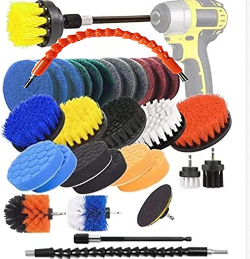 YN999 32 Piece Drill Brush Attachment- Drifferent Size and Hardness- Premium Scrub Pads & Sponge- With Extend Long Attachment- Power Scrubber Brush Cleaning for Grout, Tiles, Sinks, Bathtub, Kitchen - Image 1