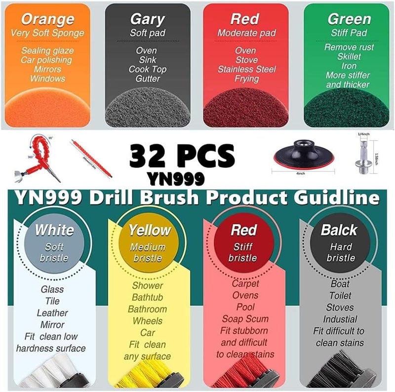 YN999 32 Piece Drill Brush Attachment- Drifferent Size and Hardness- Premium Scrub Pads & Sponge- With Extend Long Attachment- Power Scrubber Brush Cleaning for Grout, Tiles, Sinks, Bathtub, Kitchen - Image 5