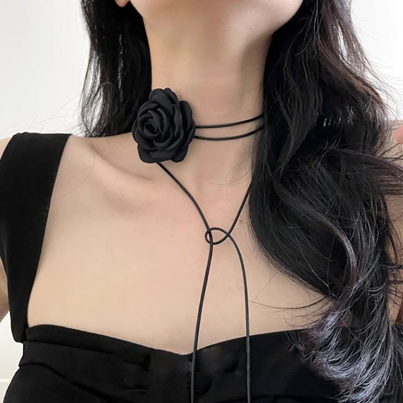 Handmade Rose Floral Choker Necklace for Women Black Flowers 