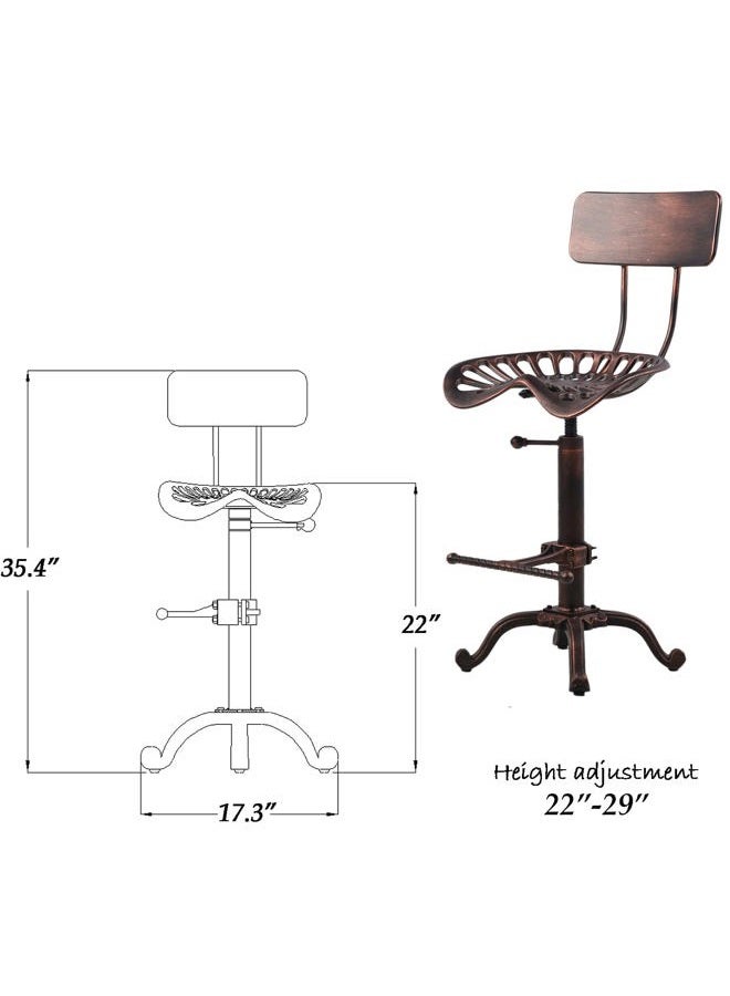 Diwhy Industrial Design Metal Adjustable Height Backrest Chair Vintage Tractor Saddle Bar Stool Copper - Image 2