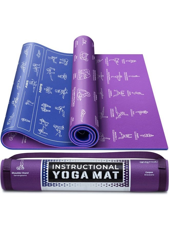 GRAND BASICS Instructional Yoga Mat with Poses Printed On It & Carrying Strap - 75 Illustrated Yoga Poses & 75 Stretches - Cute Yoga Mat For Women and Men - Non-Slip, 1/4" Extra-Thick Yoga Mat For Beginners - Image 1